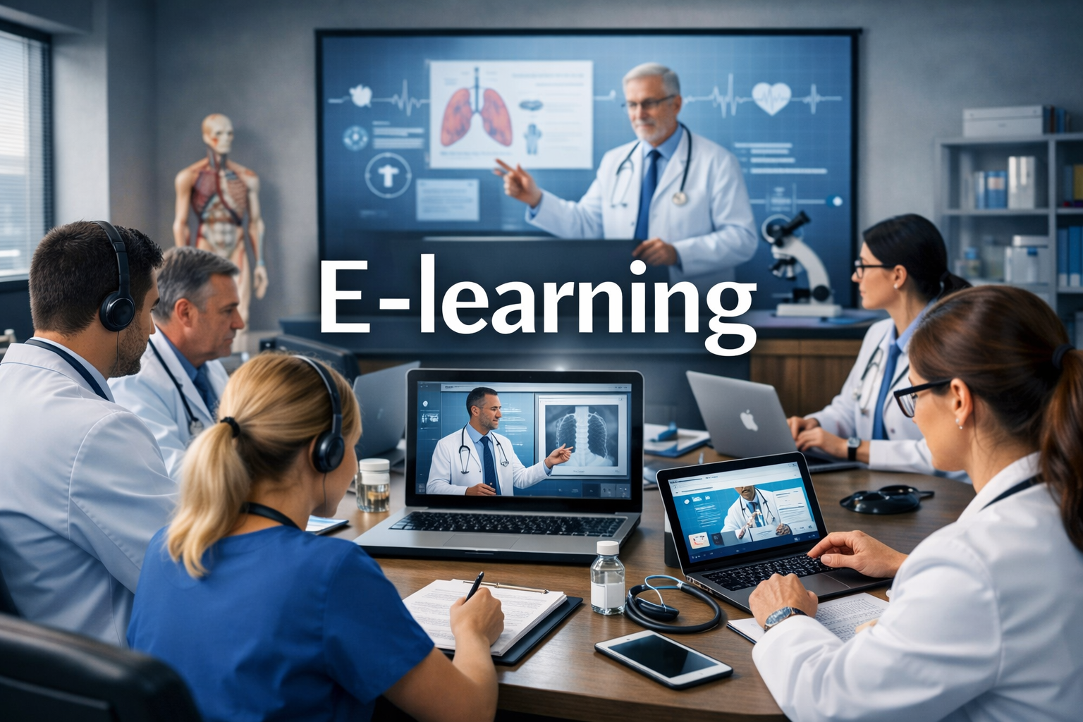 lekarze siedzą przed laptopami na lekcji z medycyny, na środku napis "E-learning"
