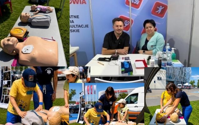 Kolaż zdjęć z wydarzenia miasteczko zdrowia: ćwiczenie pierwszej pomocy, fantomy medyczne, pracownicy WIM na stoisku.