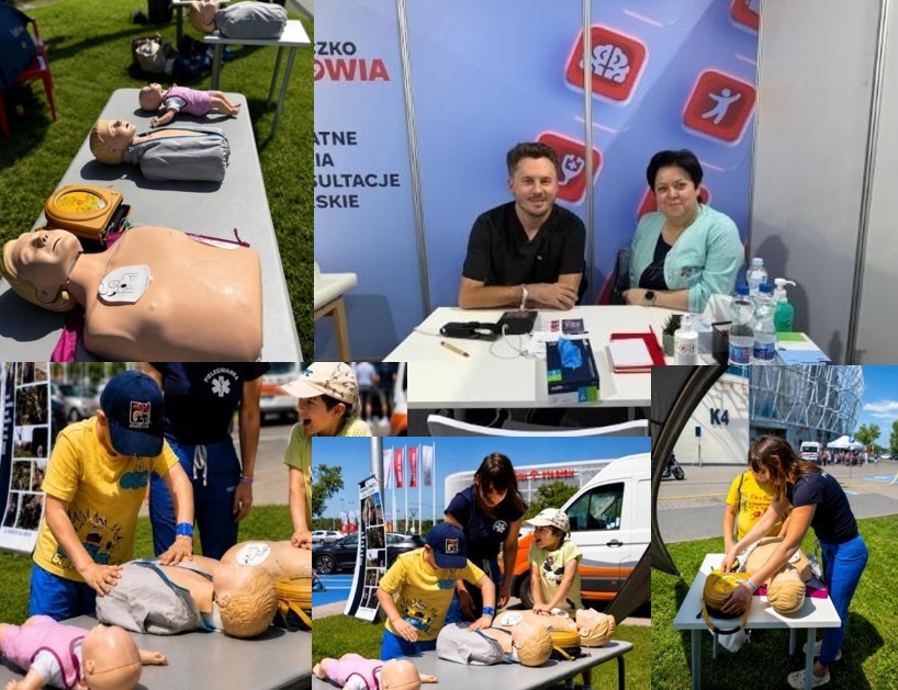 Kolaż zdjęć z wydarzenia miasteczko zdrowia: ćwiczenie pierwszej pomocy, fantomy medyczne, pracownicy WIM na stoisku.