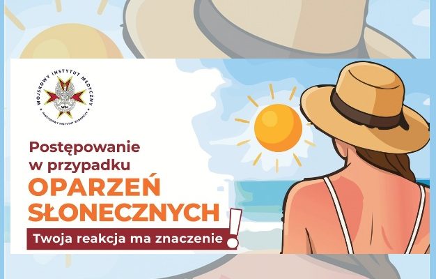 Infografika przedstawiająca Kobietę w kapeluszu na plaży z zaczerwienionymi plecami, symbolizującą oparzenie słoneczne. Obok widnieje tekst: „Postępowanie w przypadku oparzeń słonecznych. Twoja reakcja ma znaczenie!”.