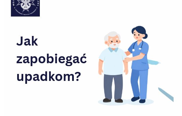 Infografika: Pielęgniarka podtrzymująca pod ramię starszego mężczyznę, w lewym górnym rogu logotyp WIM-PIB.