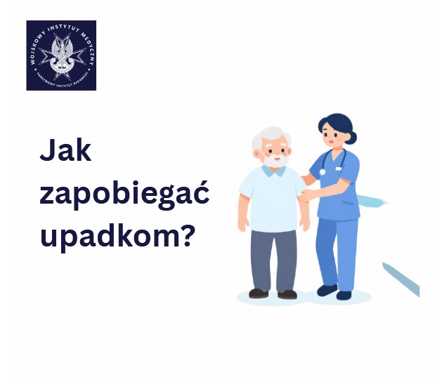 Infografika: Pielęgniarka podtrzymująca pod ramię starszego mężczyznę, w lewym górnym rogu logotyp WIM-PIB.