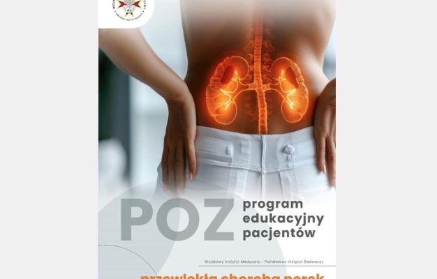 POZ – program edukacyjny pacjentów: przewlekła choroba nerek”. Na środku widoczny jest tułów osoby z nałożoną grafiką układu moczowego – nerki i drogi moczowe podświetlone na pomarańczowo. W lewym górnym rogu znajduje się logo Wojskowego Instytutu Medycznego – Państwowego Instytutu Badawczego.