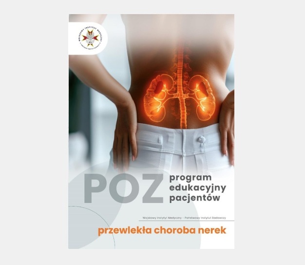 POZ – program edukacyjny pacjentów: przewlekła choroba nerek”. Na środku widoczny jest tułów osoby z nałożoną grafiką układu moczowego – nerki i drogi moczowe podświetlone na pomarańczowo. W lewym górnym rogu znajduje się logo Wojskowego Instytutu Medycznego – Państwowego Instytutu Badawczego.